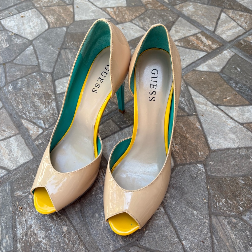 Guess Cream, Yellow, and Blue Heels